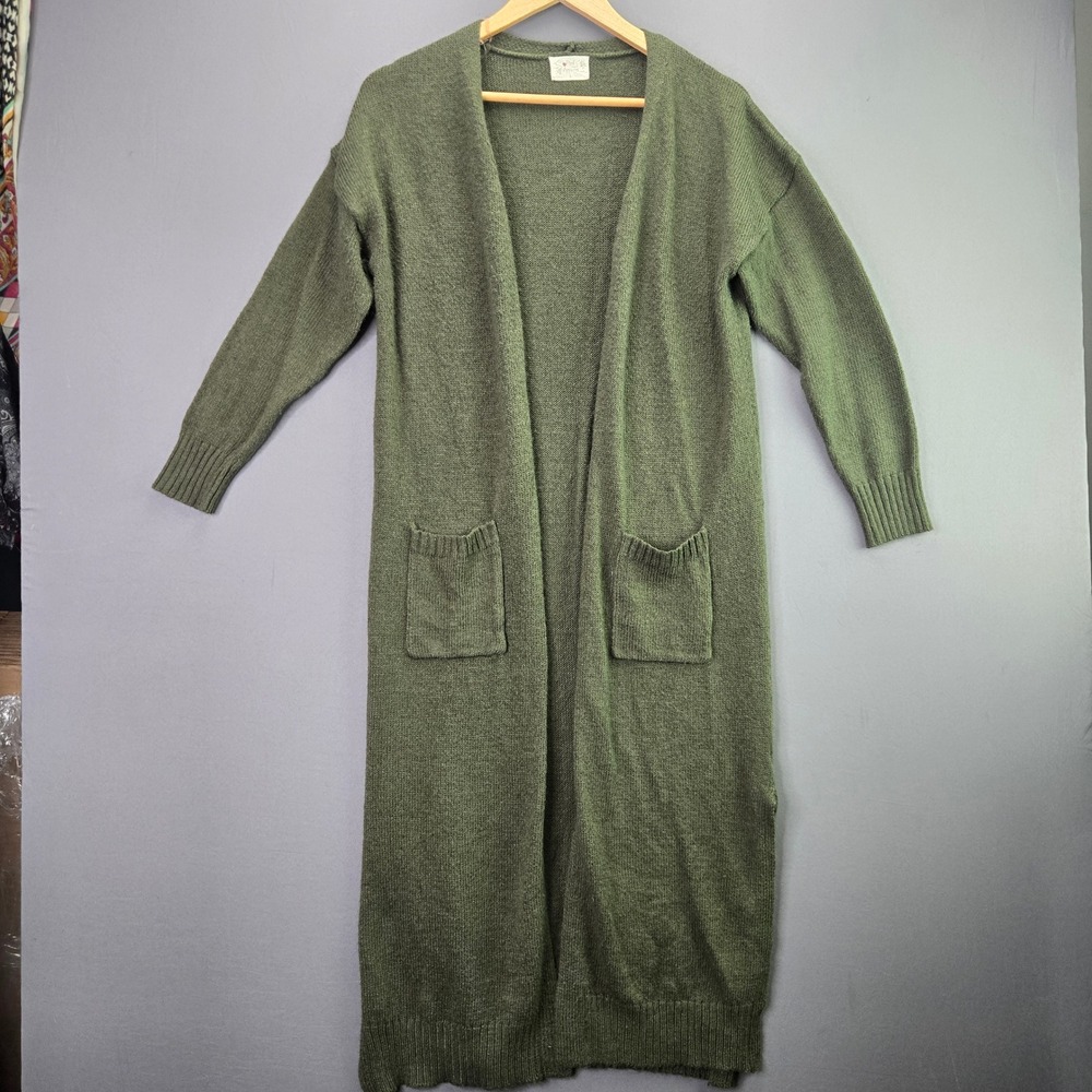 Poof Apparel Longline Cardigan Duster Sweater L Green Open Front Knit 3828 3828